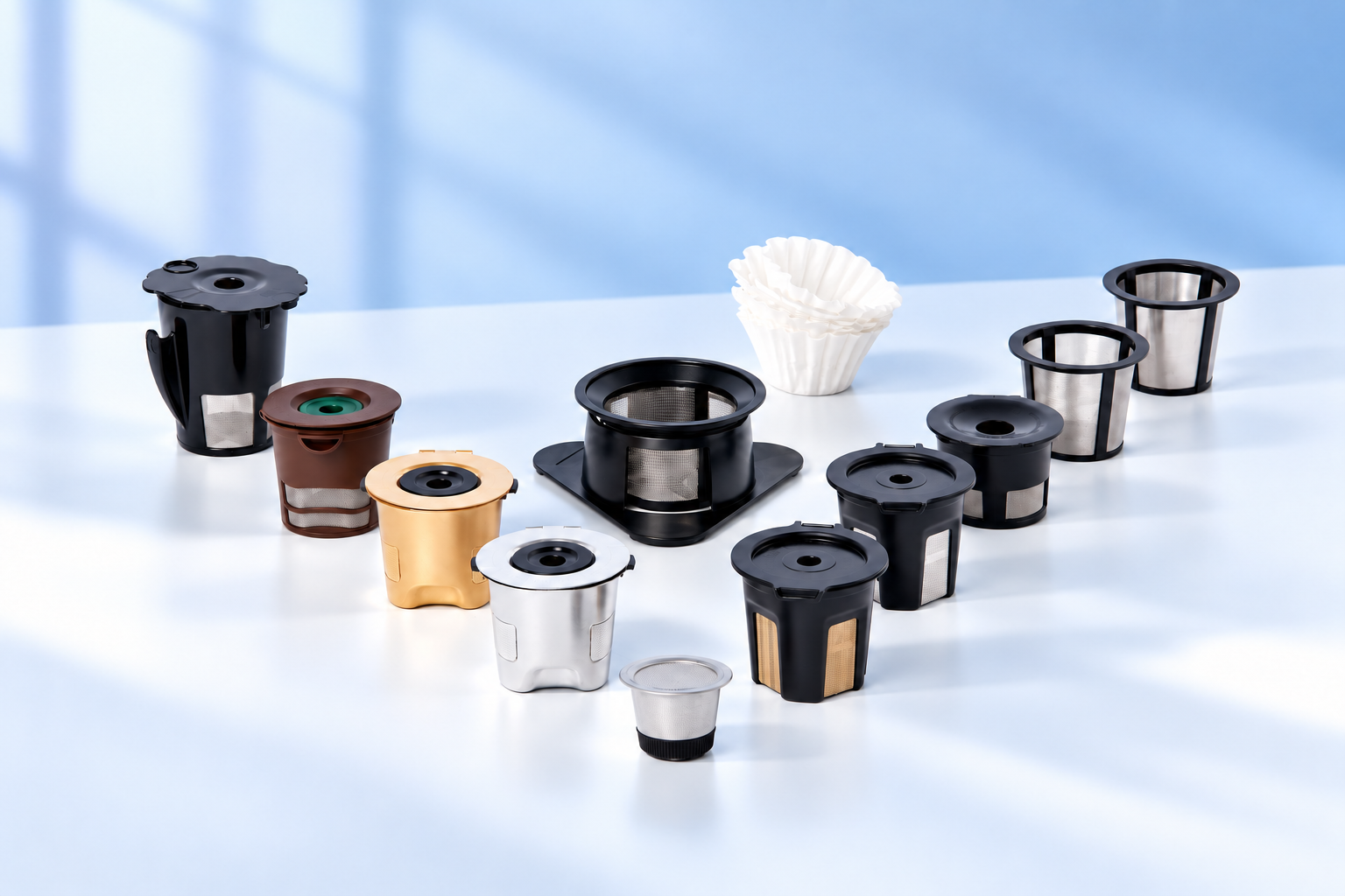 AI-edited reference showing a range of reusable single-cup filter forms and paper liners